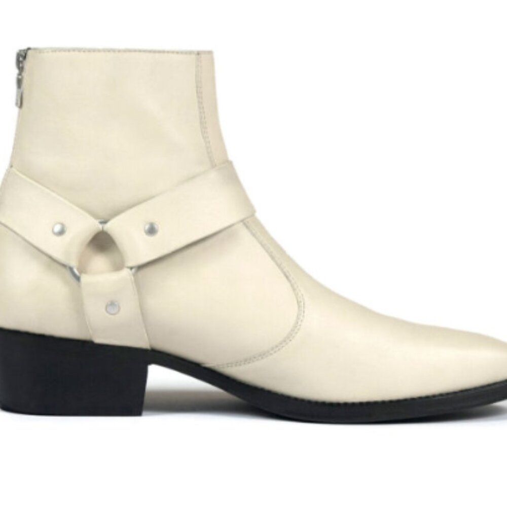 Libertine - cream leather harness boot with nickel hardware